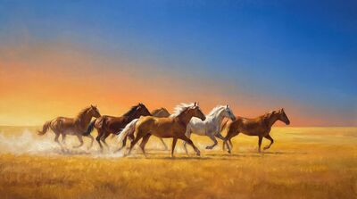 Seven Horses Golden Plain Canvas Wall Art