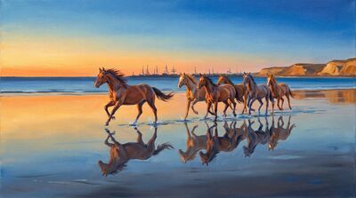 Seven Horses Coastal Sunset Canvas Painting