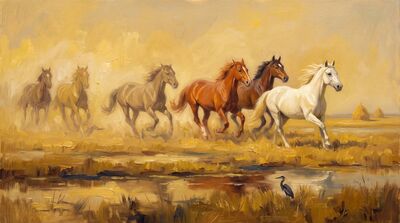 Seven Horses Golden Marshland Canvas Wall Art