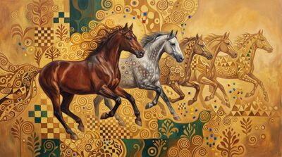 Seven Horses Golden Klimt Canvas Wall Art