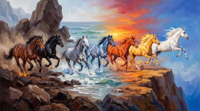Seven Horses Elements Panorama Canvas Painting