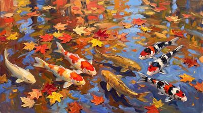 Nine Koi Autumn Pond Oil Painting Canvas Wall Art
