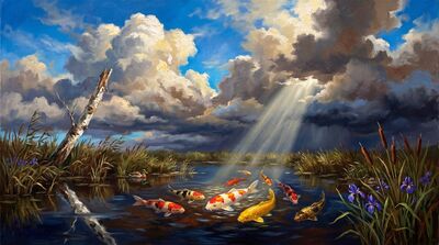 Nine Koi Dramatic Cloudscape Canvas Painting