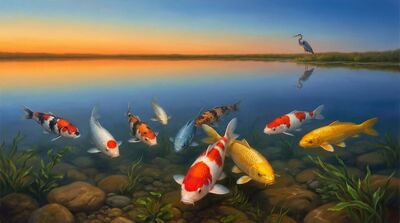 Nine Koi Crystal Dawn Pond Canvas Wall Art