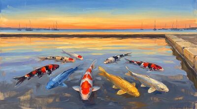 Nine Koi Harbor Sunset Canvas Painting