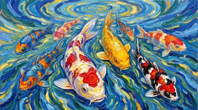 Nine Koi Swirling Underwater Canvas Painting
