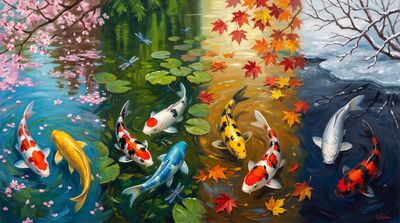 Nine Koi Four Seasons Panorama Canvas Painting