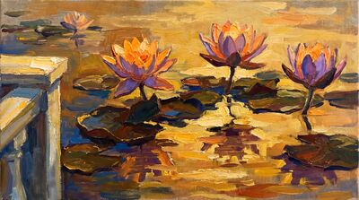 Golden Hour Lotus Pond Canvas Painting