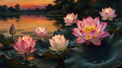 Golden Twilight Lotus Pond Canvas Wall Art