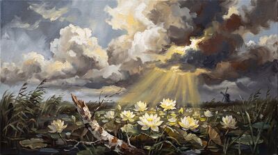 Lotus Marsh Dramatic Sky Canvas Painting