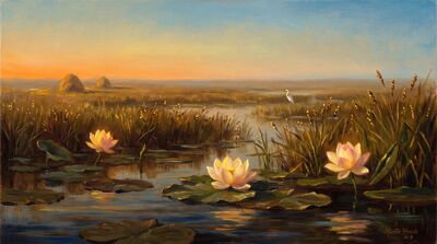 Golden Lotus Marsh Haze Canvas Wall Art