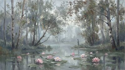 Silvery Morning Lotus Pond Canvas Painting