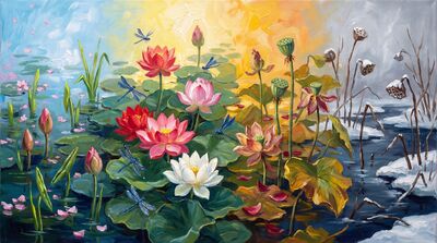 Four Seasons Sacred Lotus Panorama Canvas Painting