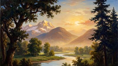 Alpine Mountain Golden Atmosphere Oil Painting Canvas Wall Art