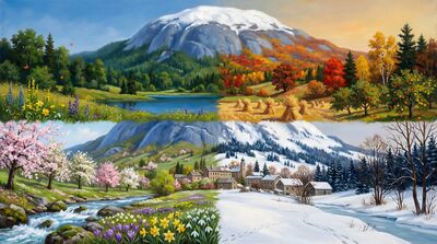 Four Seasons Mountain Allegory Oil Painting Canvas Wall Art