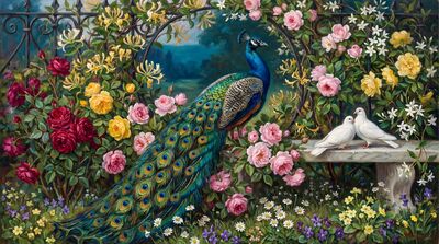 Peacock Enchanted Garden Oil Painting Canvas Wall Art