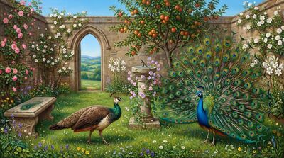Peacock Pair Medieval Garden Oil Painting Canvas Wall Art