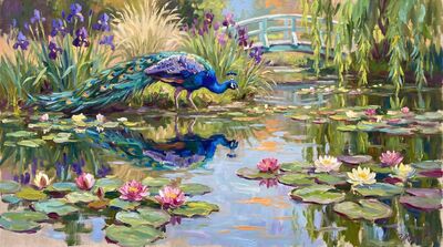 Peacock Lily Pond Impressionist Oil Painting Canvas Wall Art