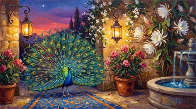 Peacock Twilight Garden Canvas Painting