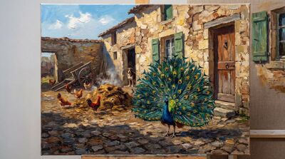 Peacock Rustic Farmyard Canvas Painting