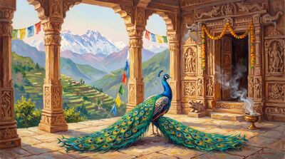 Peacock Himalayan Temple Canvas Painting