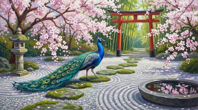 Peacock Japanese Garden Bloom Canvas Wall Art