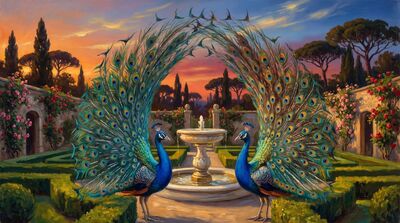 Peacock Pair Renaissance Garden Canvas Wall Art
