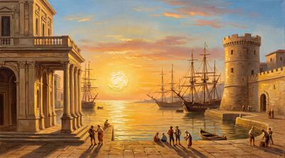 Classical Seaport Sunrise Oil Painting Canvas Wall Art