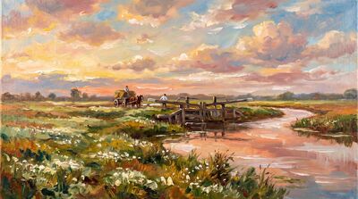 Suffolk Dawn Water Meadow Oil Painting Canvas Wall Art