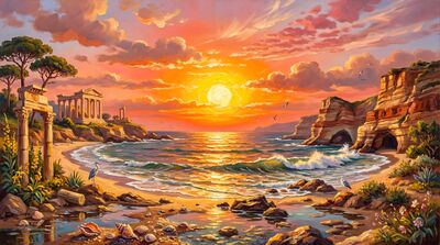 Maximalist Golden Sunrise Panorama Oil Painting Canvas Wall Art