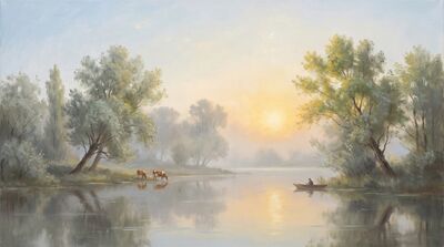 Misty River Sunrise Canvas Painting