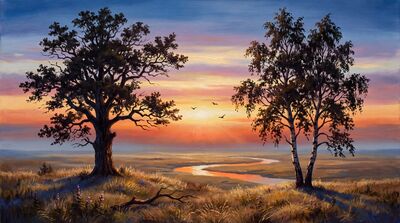 Two Trees Sunset Plain Oil Painting Canvas Wall Art