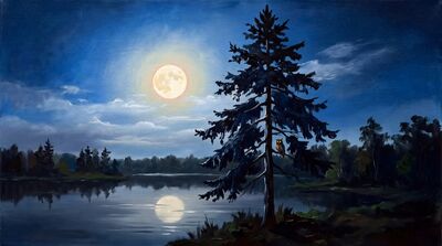 Pine Tree Moonlight Nocturne Oil Painting Canvas Wall Art
