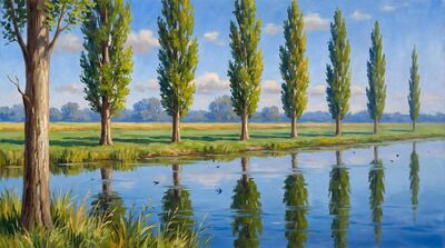 Lombardy Poplars River Reflection Oil Painting Canvas Wall Art
