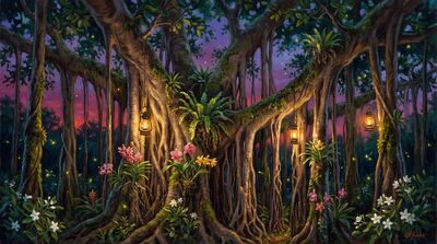 Ancient Banyan Tree Twilight Grove Canvas Painting