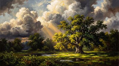 Great Oak Dramatic Sky Canvas Painting
