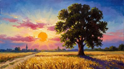 Solitary Elm Tree Wheat Field Canvas Wall Art