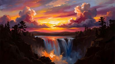 Waterfall Twilight Sky Oil Painting Canvas Wall Art