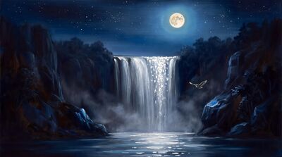 Waterfall Full Moon Nocturne Oil Painting Canvas Wall Art
