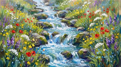 Spring Cascade Wildflower Meadow Oil Painting Canvas Wall Art