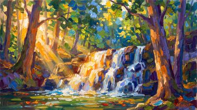 Forest Waterfall Afternoon Light Oil Painting Canvas Wall Art