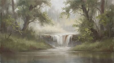 Woodland Waterfall Morning Mist Oil Painting Canvas Wall Art