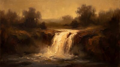 Waterfall Dusk Amber Haze Oil Painting Canvas Wall Art