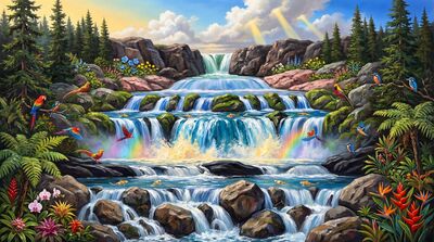 Seven Tiered Waterfall Paradise Oil Painting Canvas Wall Art