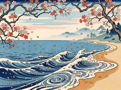 Waves Under Cherry Blossoms Canvas Painting