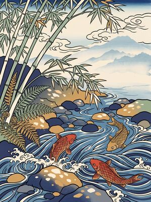 Koi in Flowing Stream Canvas Painting