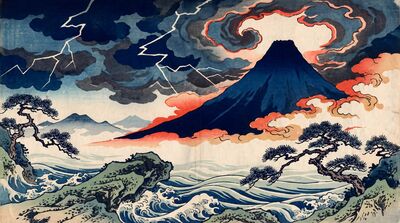 Mount Fuji With Lightning Canvas Wall Art
