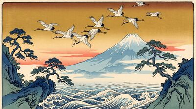 Mount Fuji With Crane Flock Canvas Wall Art