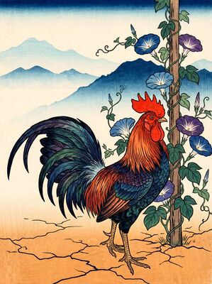 Rooster and Morning Glory Canvas Wall Art
