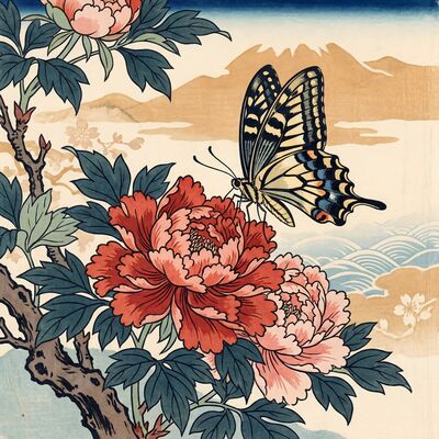 Butterfly and Peony Canvas Wall Art